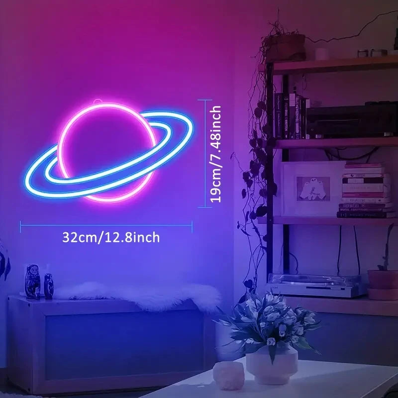 Planet Neon Sign, 10 Levels Brightness LED Neon Lights Signs For Wall Decor, USB Powered Neon Lights For Bedroom - Cosmic Twink