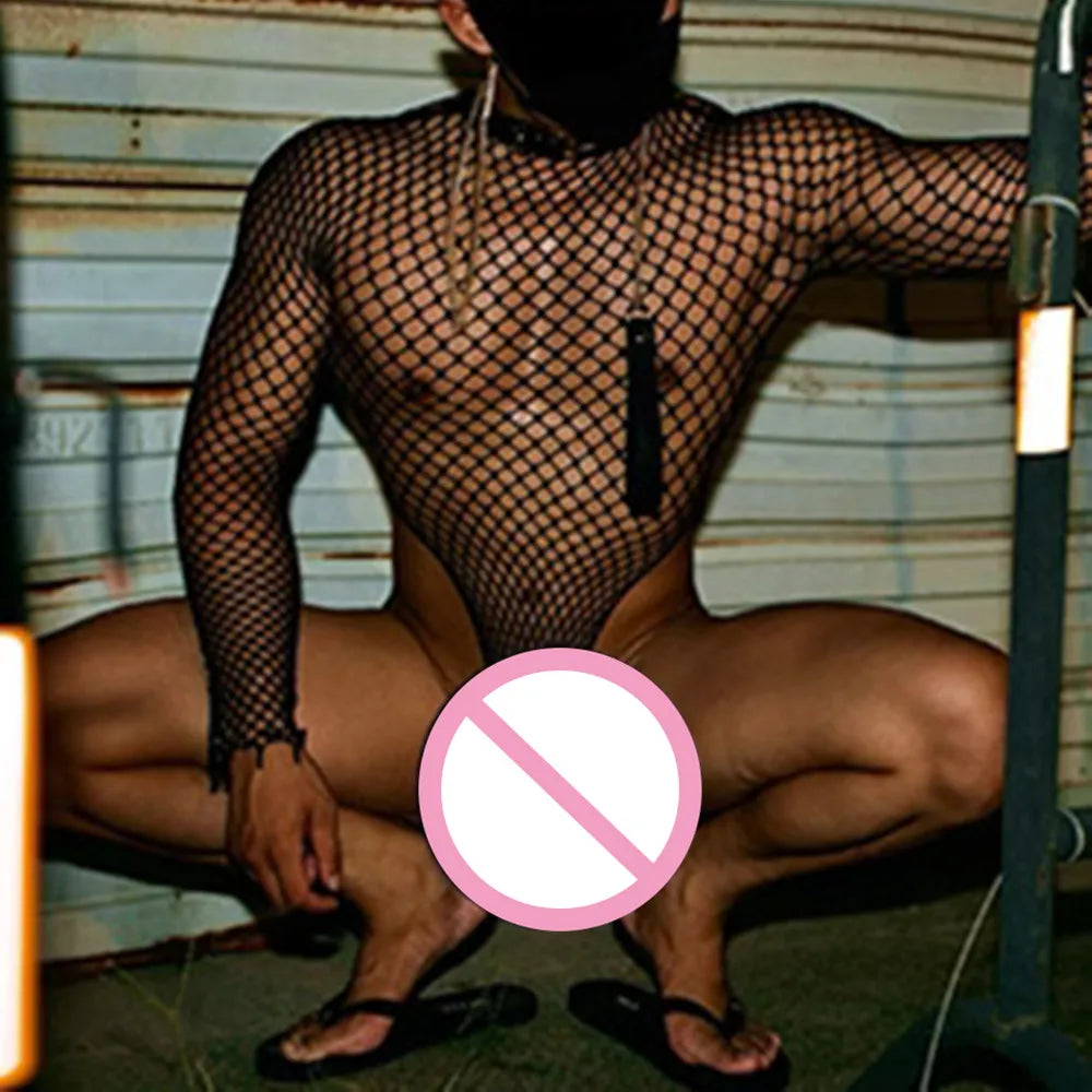 Husband Night Club Wear Male Nightwear Sissy Gay Fishnet Bodysuit O Neck One-piece Jumpsuit Male Porn Underwear Fashion Lingerie - Cosmic Twink