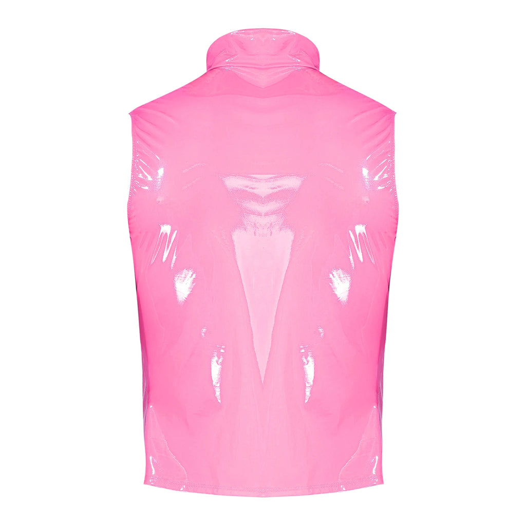 Men Wet Look Patent Leather Jacket Vest Tops Sleeveless Stand Collar Zipper Punk Tank Top Nightclub Festival Rave Party Clubwear - Cosmic Twink