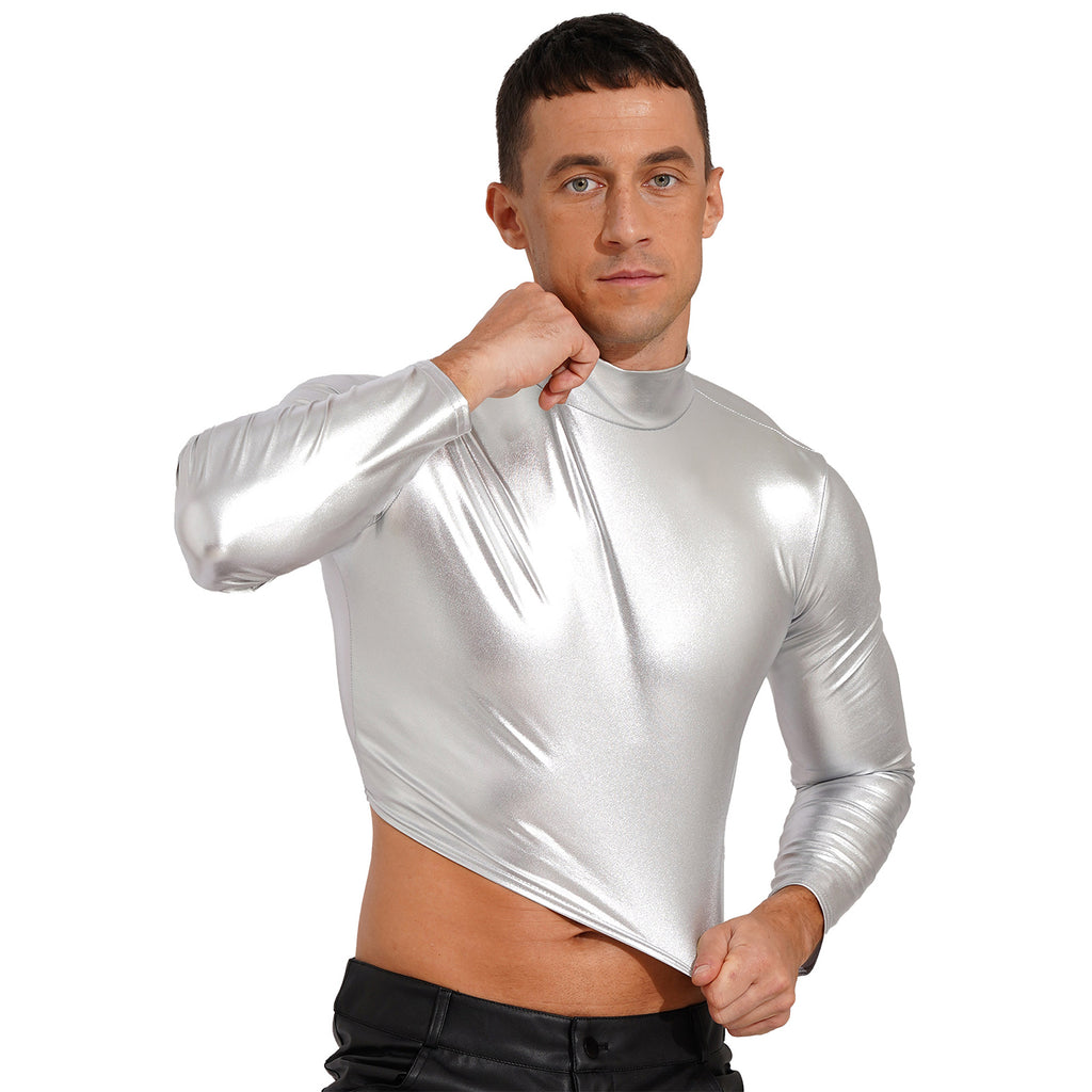 Men's Clothing Wet Look Faux Leather Vest Pole Dance Costume Metallic Mock Neck Crop Tank Top Gothic Punk Rave Party Clubwear - Cosmic Twink