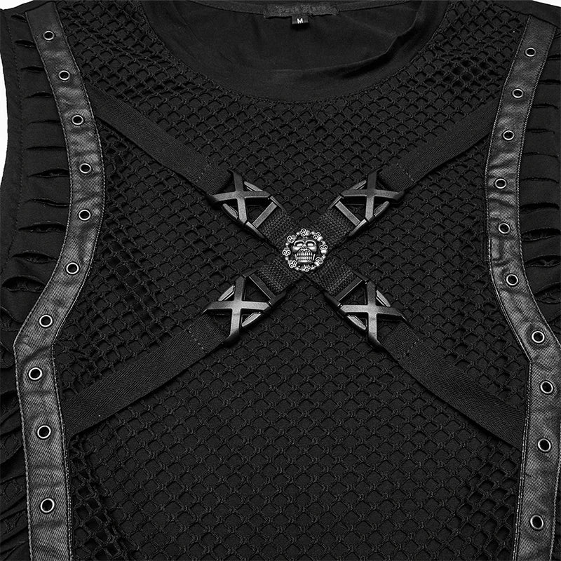 PUNK RAVE Men's Punk Cut Features Mesh Vest Novel Style Personality Cool Handsome Dark Tops Tees Men Clothing - Cosmic Twink