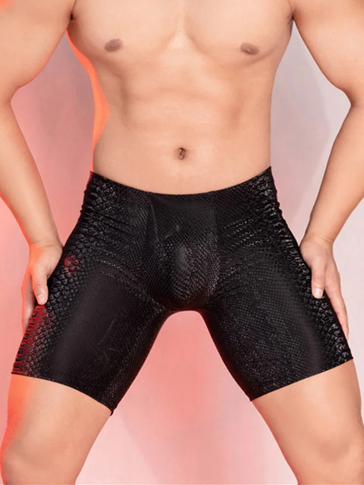 Sexy Men PU Faux Leather Leopard Print Short Pants U Bulge Pouch Pants Shorts Gym Boxer Wetlook Gay Wear Erotic Club Wear - Cosmic Twink