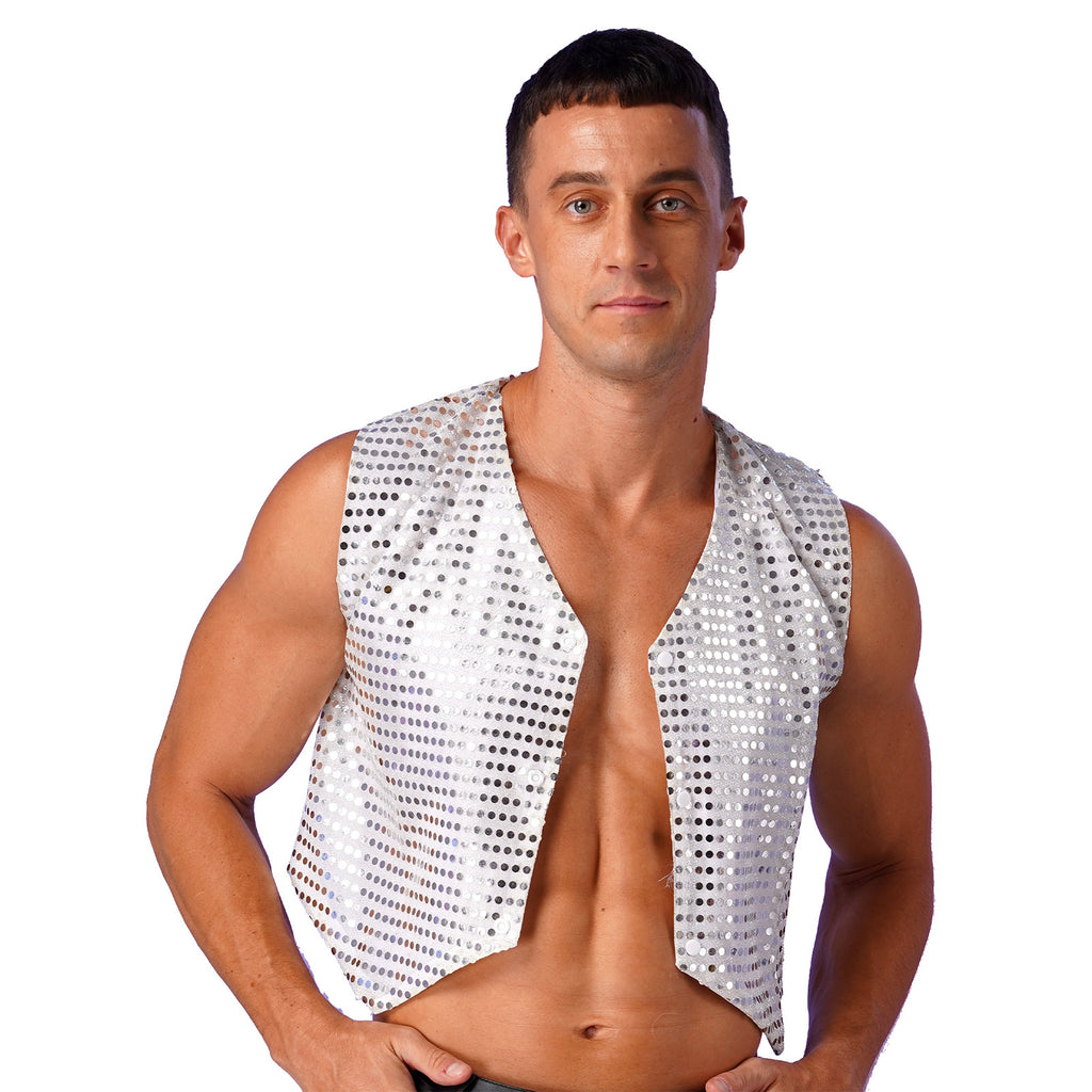 Mens Shiny Sequined Vest Tops V Neck Disco Irregular Hem Waistcoat Hiphop Jazz Dance Festival Rave Outfits Performance Costume - Cosmic Twink
