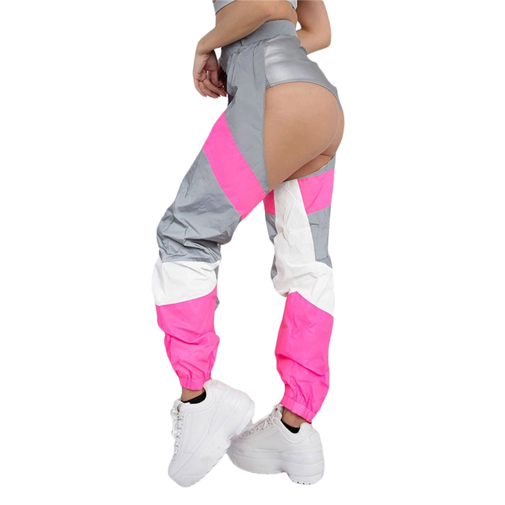 Women's Rave Chaps Ladies Sexy Hollow Out Patchwork/ Solid Loose Fit Buckle Trousers for Club Wear Bottomless Festival Pants - Cosmic Twink