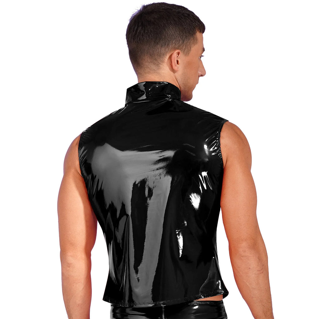Men Wet Look Patent Leather Jacket Vest Tops Sleeveless Stand Collar Zipper Punk Tank Top Nightclub Festival Rave Party Clubwear - Cosmic Twink