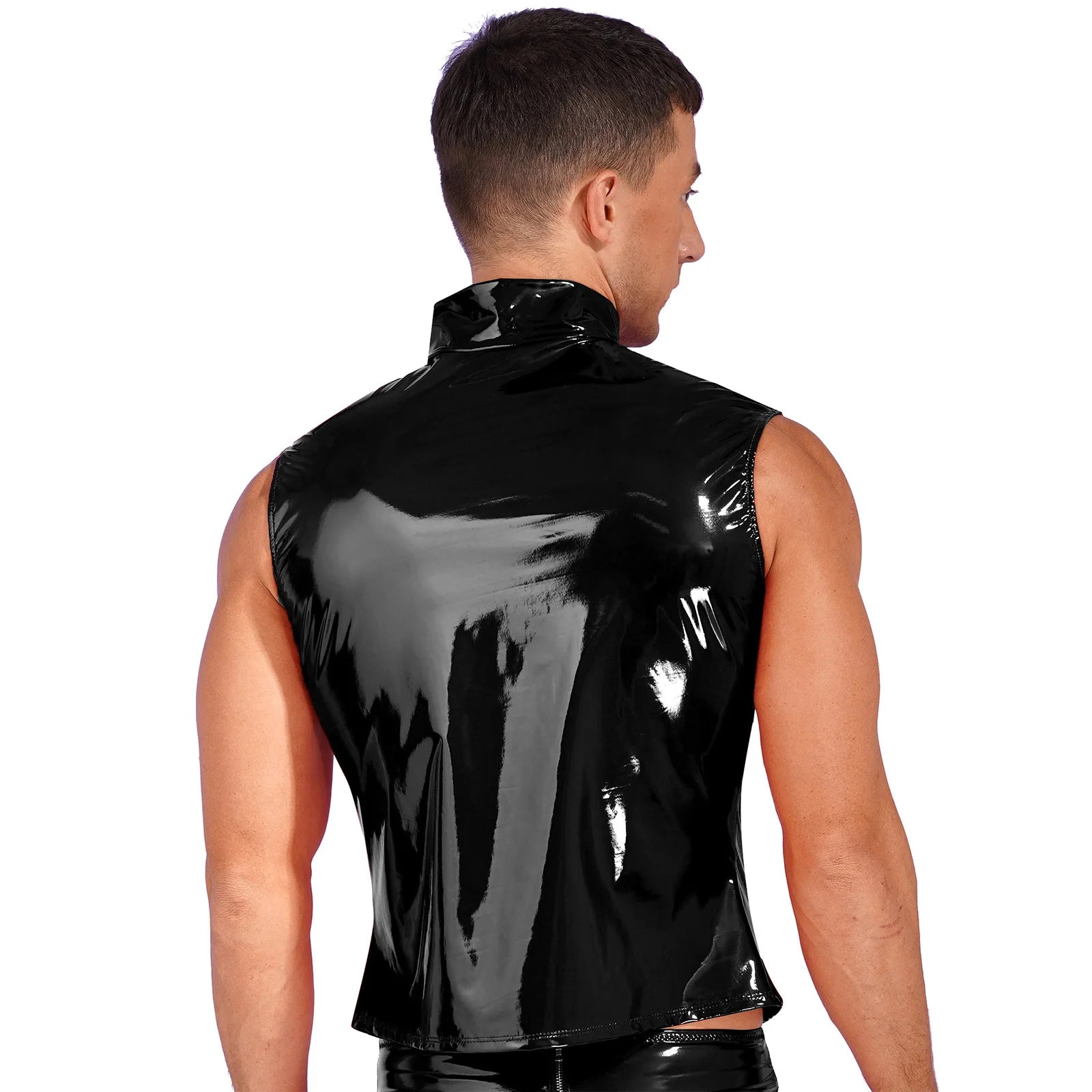 Men Wet Look Patent Leather Jacket Vest Tops Sleeveless Stand Collar Zipper Punk Tank Top Nightclub Festival Rave Party Clubwear - Cosmic Twink