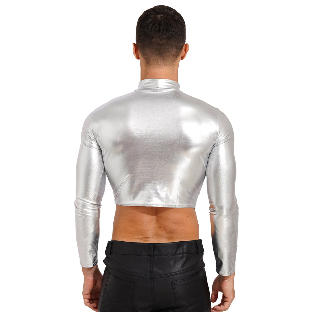 Men's Clothing Wet Look Faux Leather Vest Pole Dance Costume Metallic Mock Neck Crop Tank Top Gothic Punk Rave Party Clubwear - Cosmic Twink