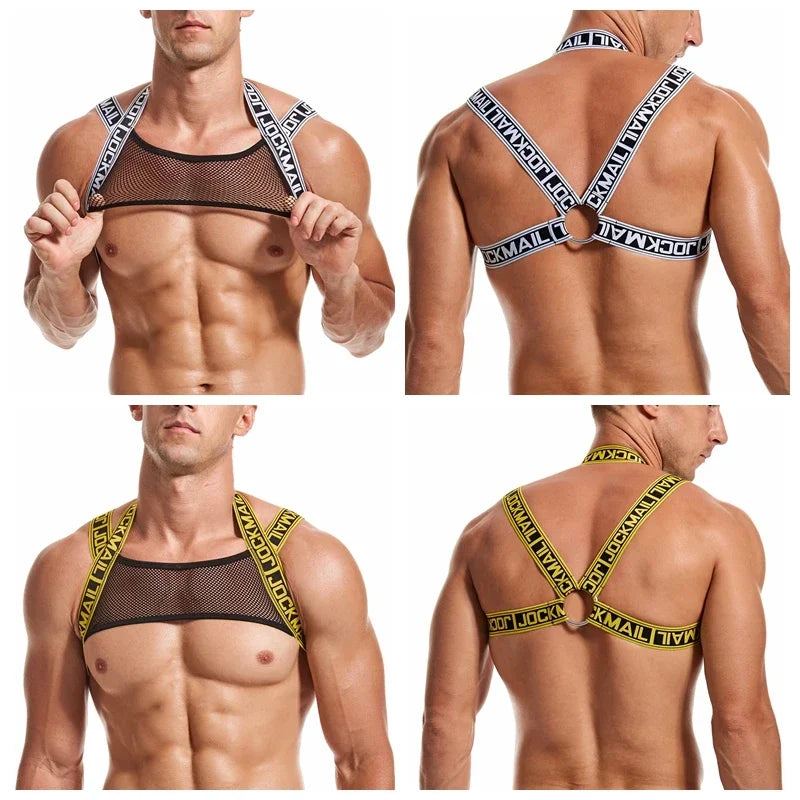 JOCKMAIL Men Halter Neck Elastic Body Chest Harness Sexy Bondage Lingerie Shoulder Straps Ring Clubwear Stage Gay Underwear New - Cosmic Twink