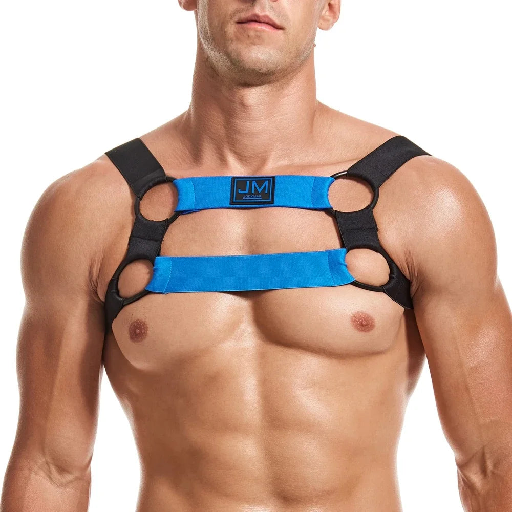 JOCKMAIL Men Halter Neck Elastic Body Chest Harness Sexy Bondage Lingerie Shoulder Straps Ring Clubwear Stage Gay Underwear New - Cosmic Twink