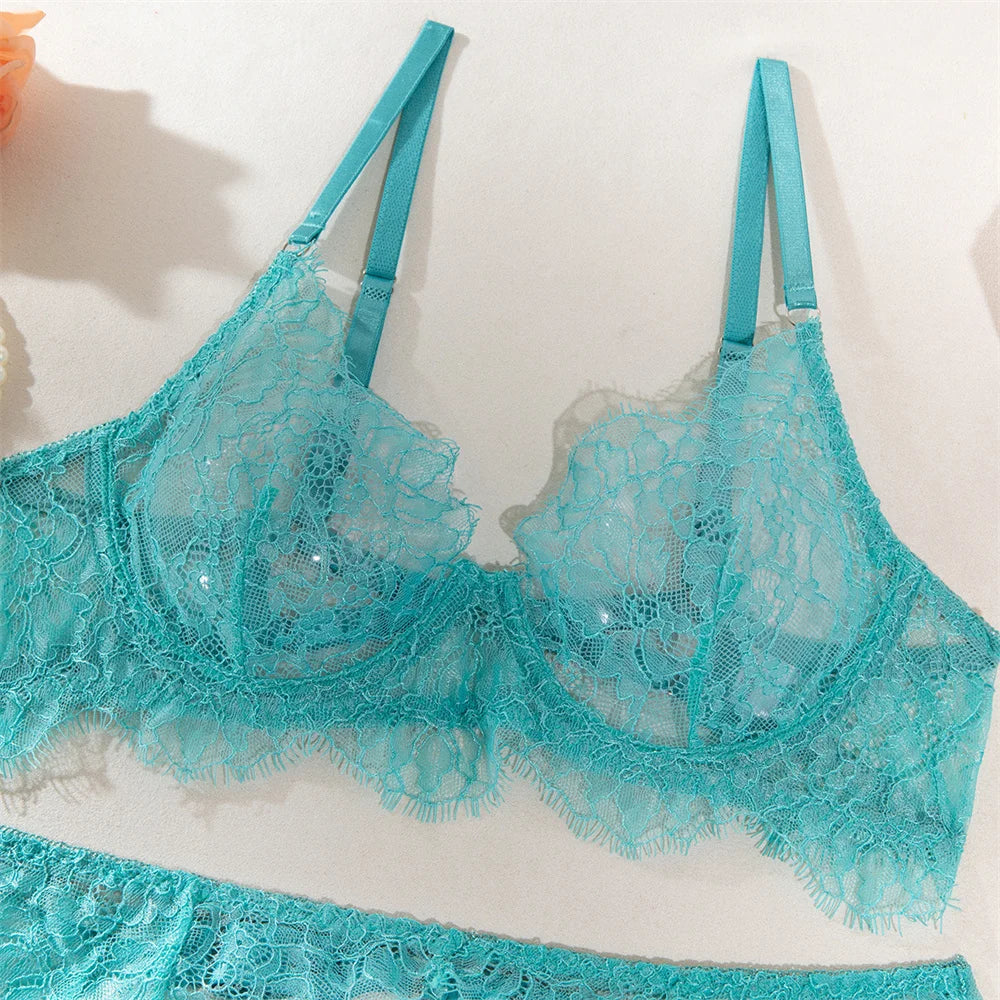 Krasapt Delicate Blue Lace Lingerie 4 Pcs Sets Fancy Mesh Patchwork Transparent Bras And Thongs Garter Suits Erotic Intimate Set - Cosmic Twink