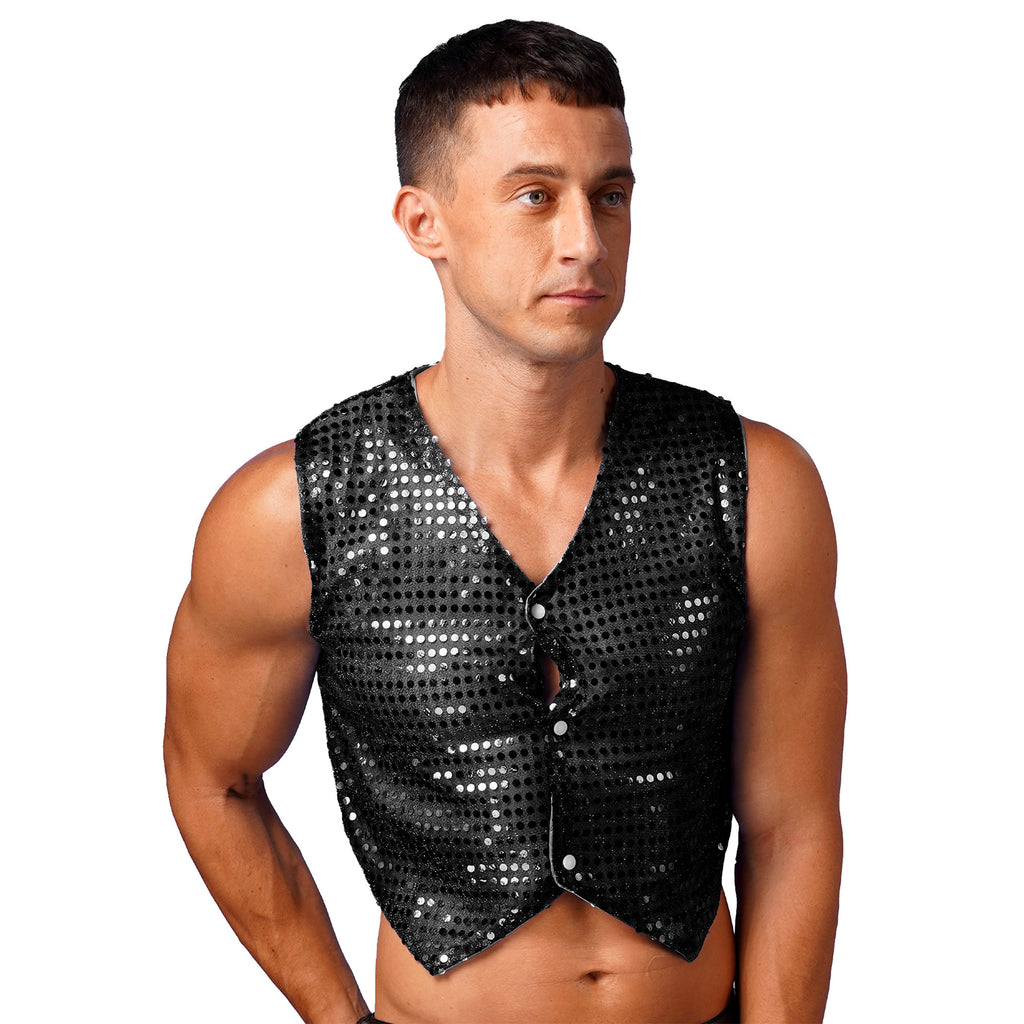 Mens Shiny Sequined Vest Tops V Neck Disco Irregular Hem Waistcoat Hiphop Jazz Dance Festival Rave Outfits Performance Costume - Cosmic Twink